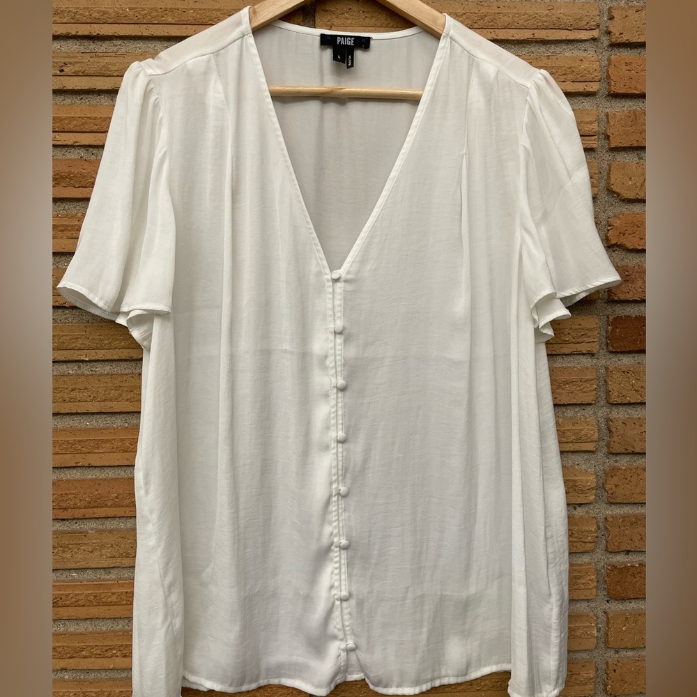 PAIGE silky button down blouse flutter sleeves Large